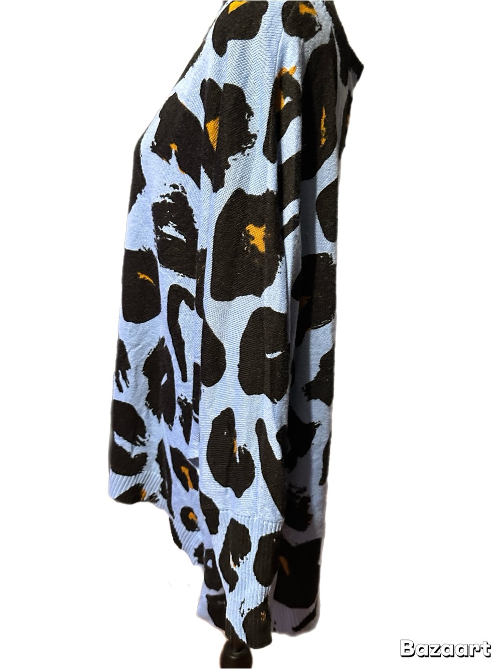 Mud Pie Blue Animal Print V-Neck Sweater with Black and Mustard Spots - Picture 2 of 6